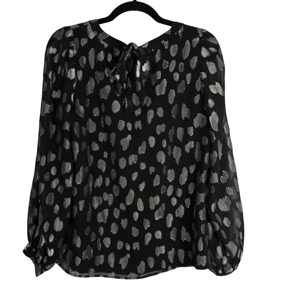 Talbots Black Silver Metallic Tie Neck Blouse Size Small Long Sleeve Sheer